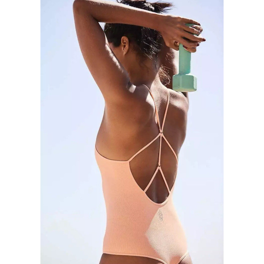 Free People Movement Dance All Day Body Suit‎ Peach Strappy Front Bodysuit XS/S - Picture 4 of 5